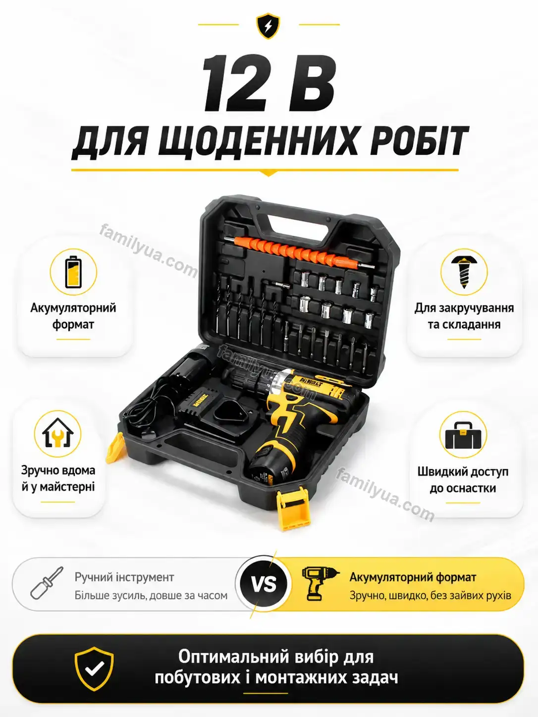 🔧 ️ шуруповерт у наборі слюсарного інструменту, жовтий Laska Wave Bright - фото