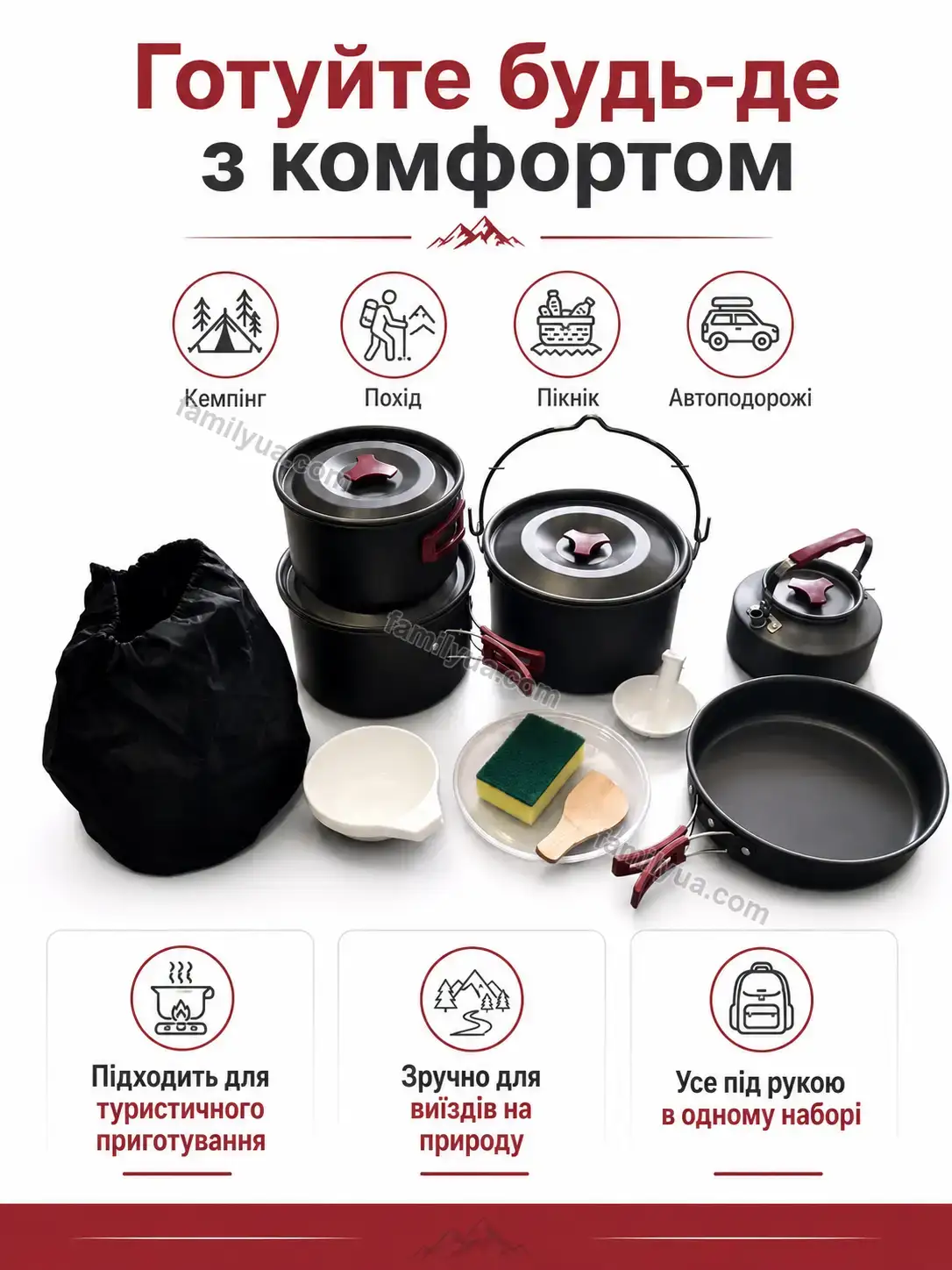 ✨ ️ набір посуду для кемпінгу на 15 предметів у похідному мішечку Sonia Wave Calm - фото
