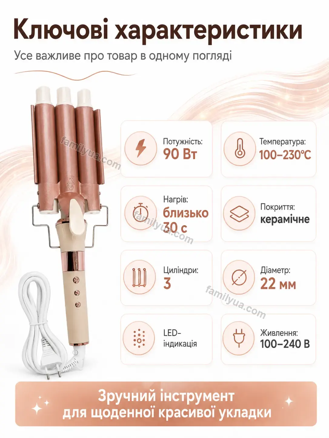 ✨ Плойка три хвилі для м’якої об’ємної укладки Sunny Care Bright
