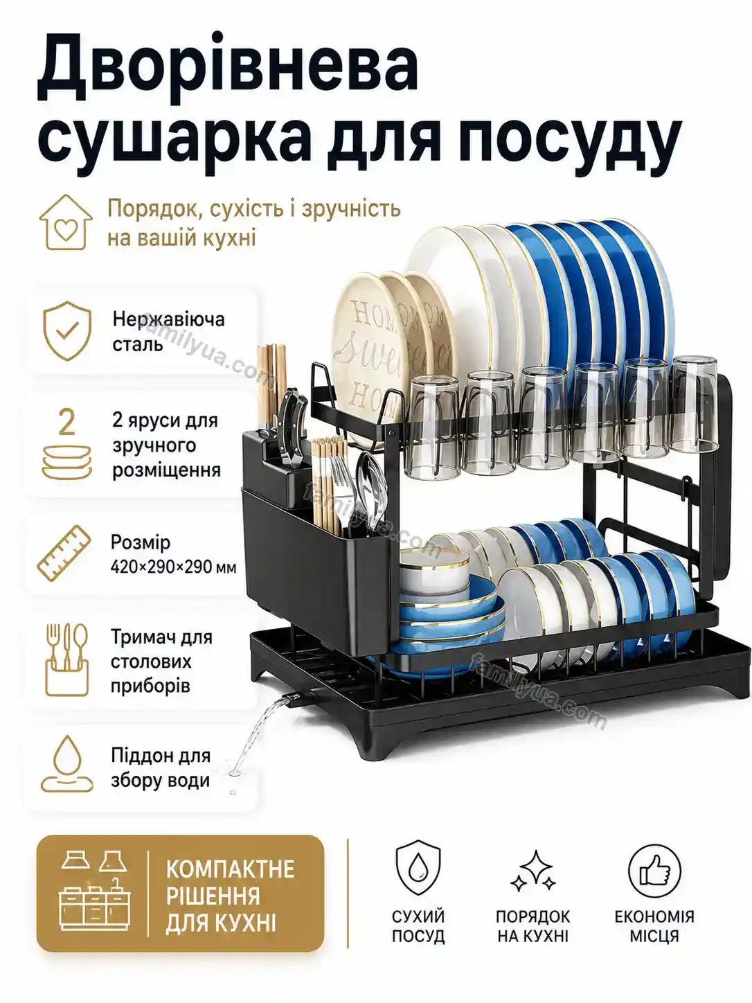 ✨ ️ двоярусна сушарка для посуду з нержавеючої сталі 420×290×290 мм Tilda Wave Bright