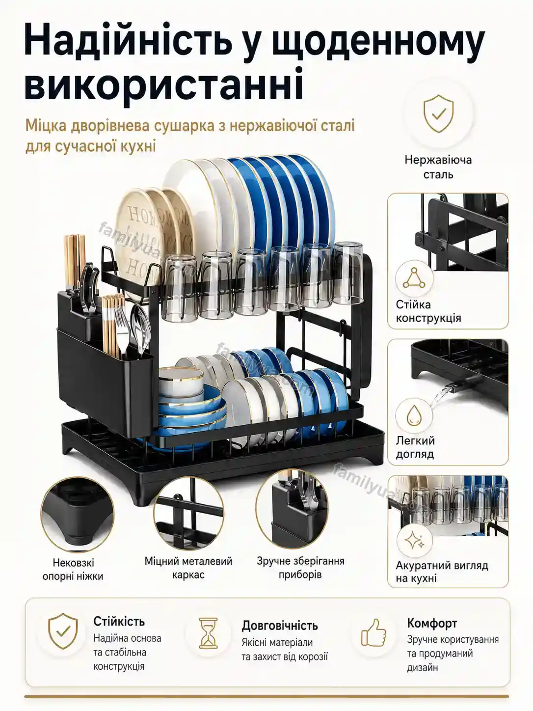 ✨ ️ двоярусна сушарка для посуду з нержавеючої сталі 420×290×290 мм Ruta Wave Bright - використання