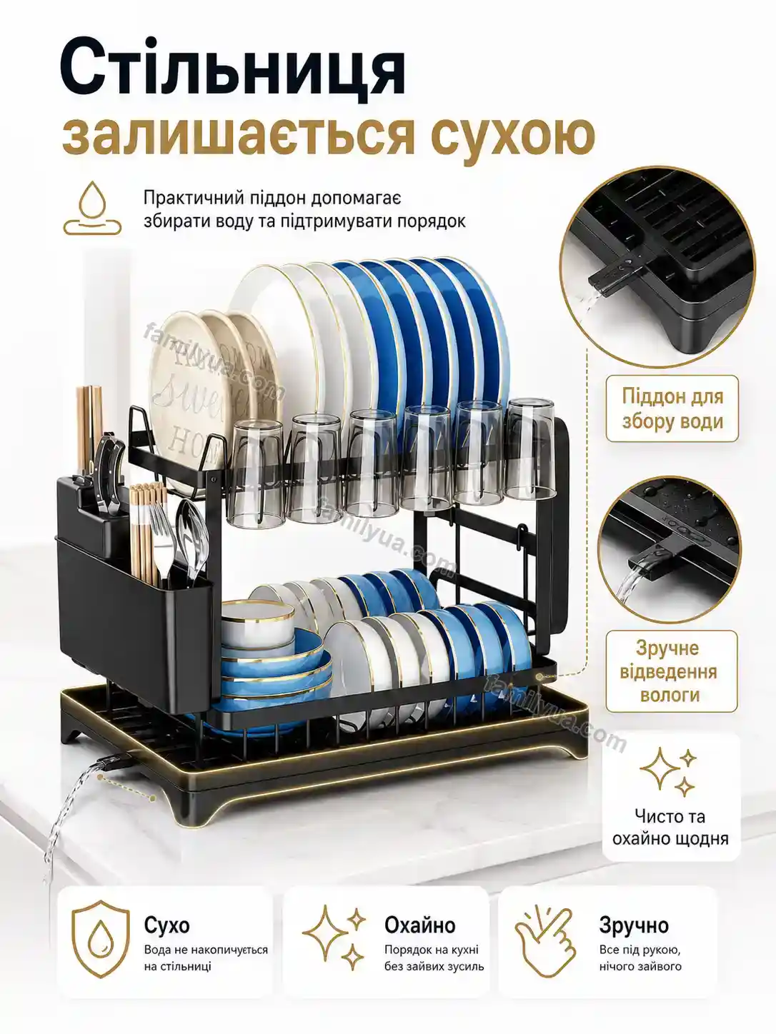 ✨ ️ двоярусна сушарка для посуду з нержавеючої сталі 420×290×290 мм Ruta Wave Bright - фото