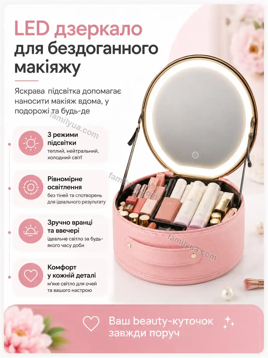 ✨ Органайзер-косметичка з дзеркалом, рожевий Olli Wave Bright
