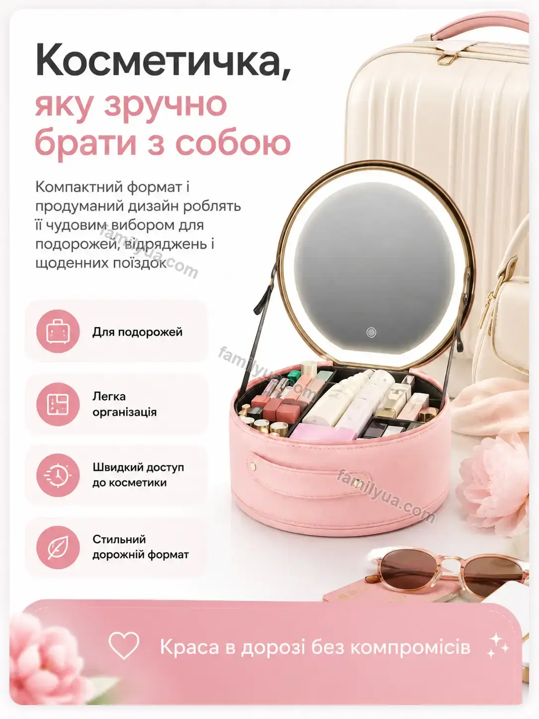 ✨ Органайзер-косметичка з дзеркалом, рожевий Zorya Wave Bright - використання