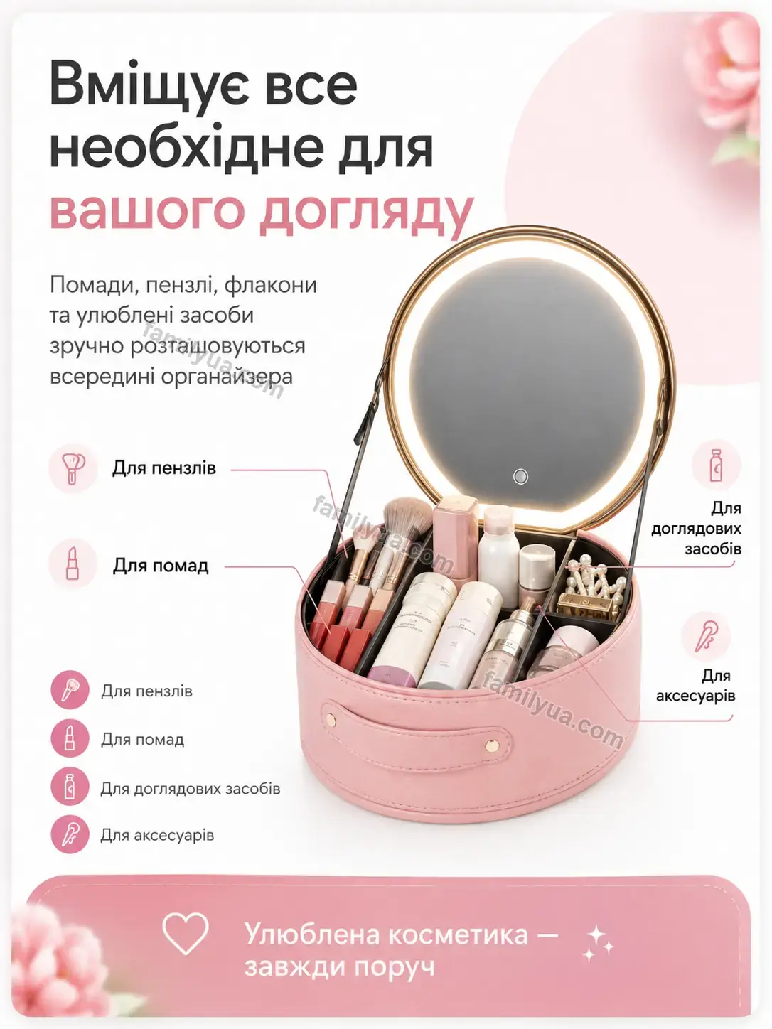 ✨ Органайзер-косметичка з дзеркалом, рожевий Zorya Wave Bright - фото