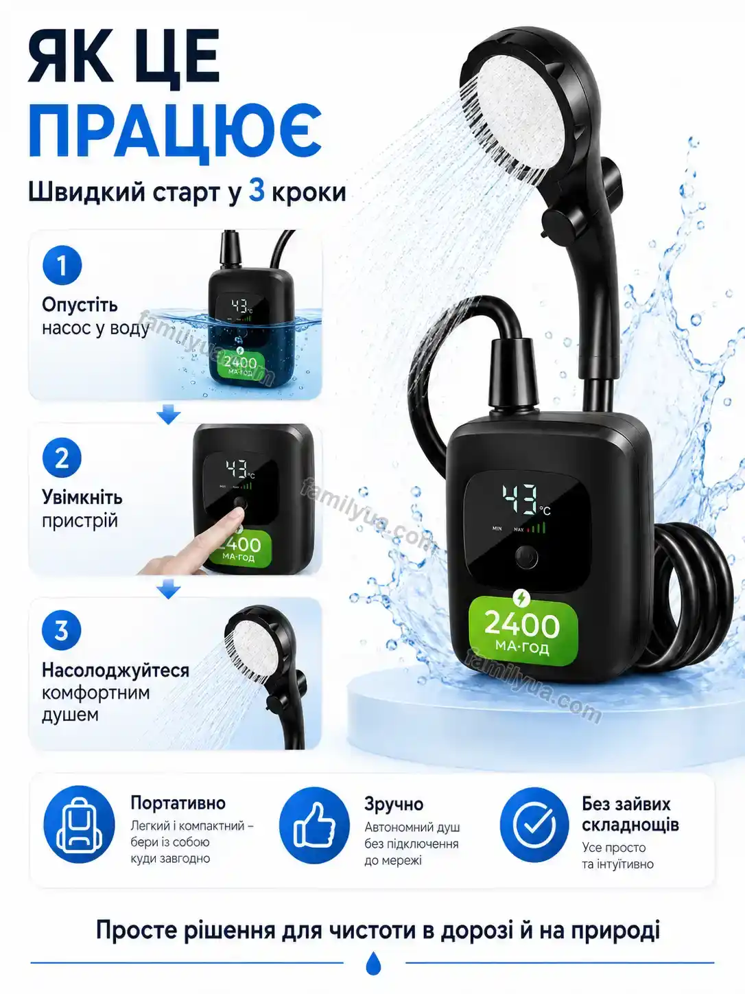🔋 Переносний акумуляторний душ 2400 Sonia Wave Bright - фото