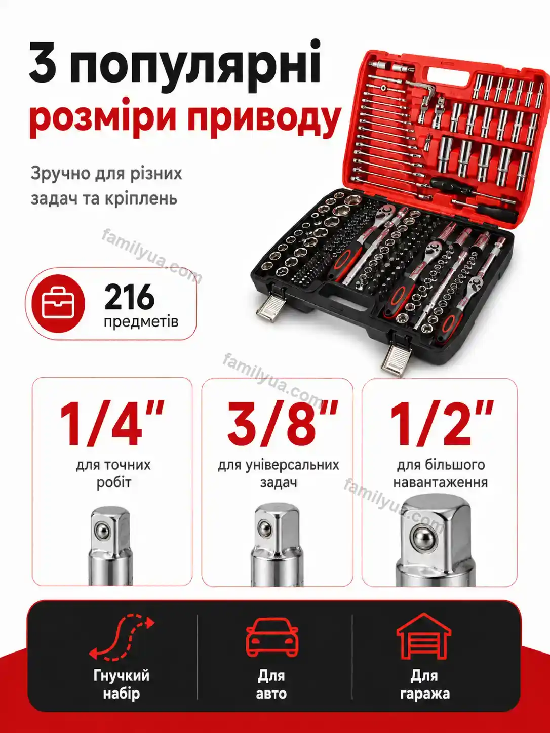 🔧 Набір інструментів для автомобіля 216 предметів Tysa Go Calm - деталі