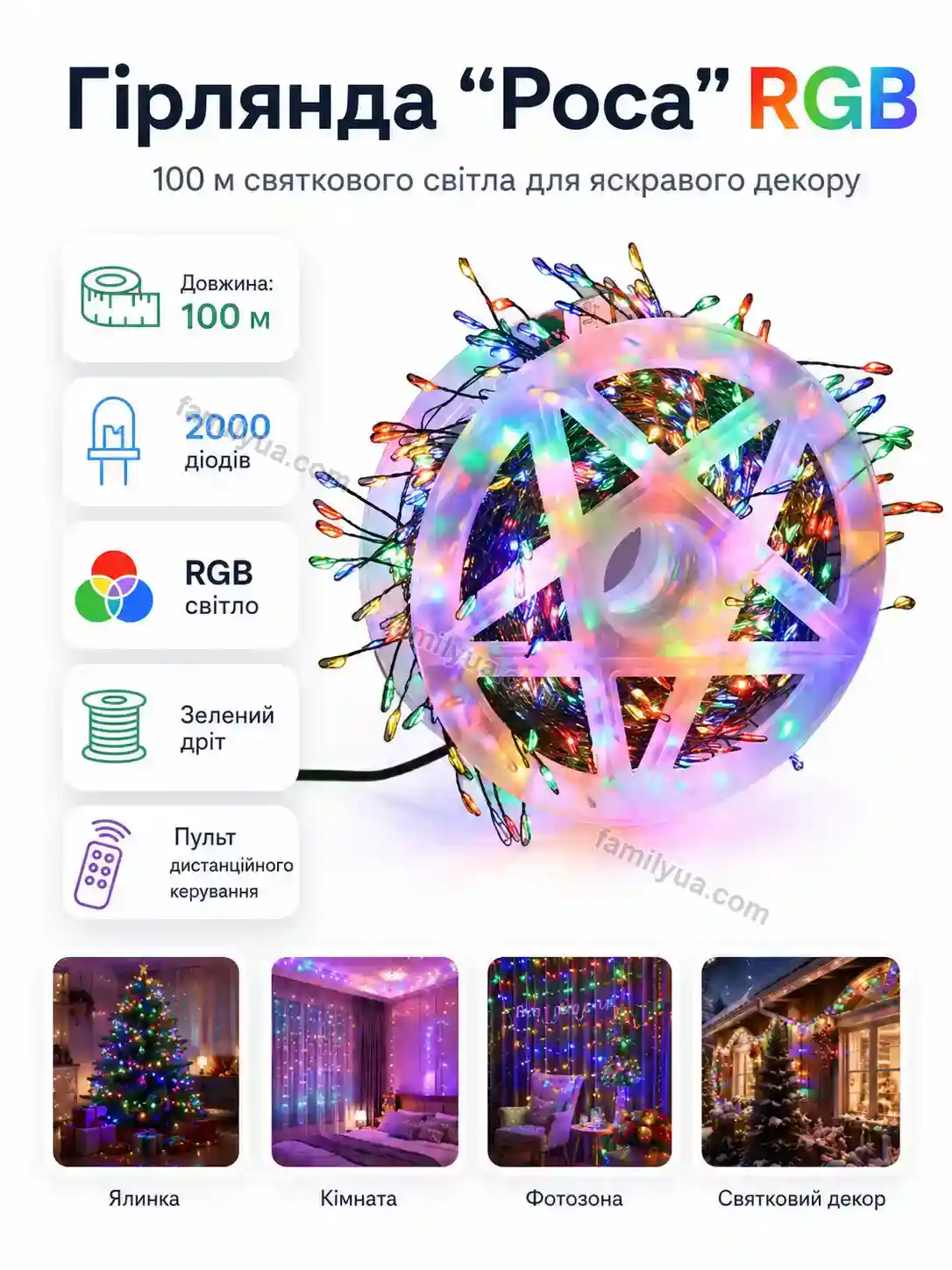 ✨ ✨ гірлянда роса , зелена проволока, 100 м, 2000 діодів, з пультом д/у Tilda Mini Calm