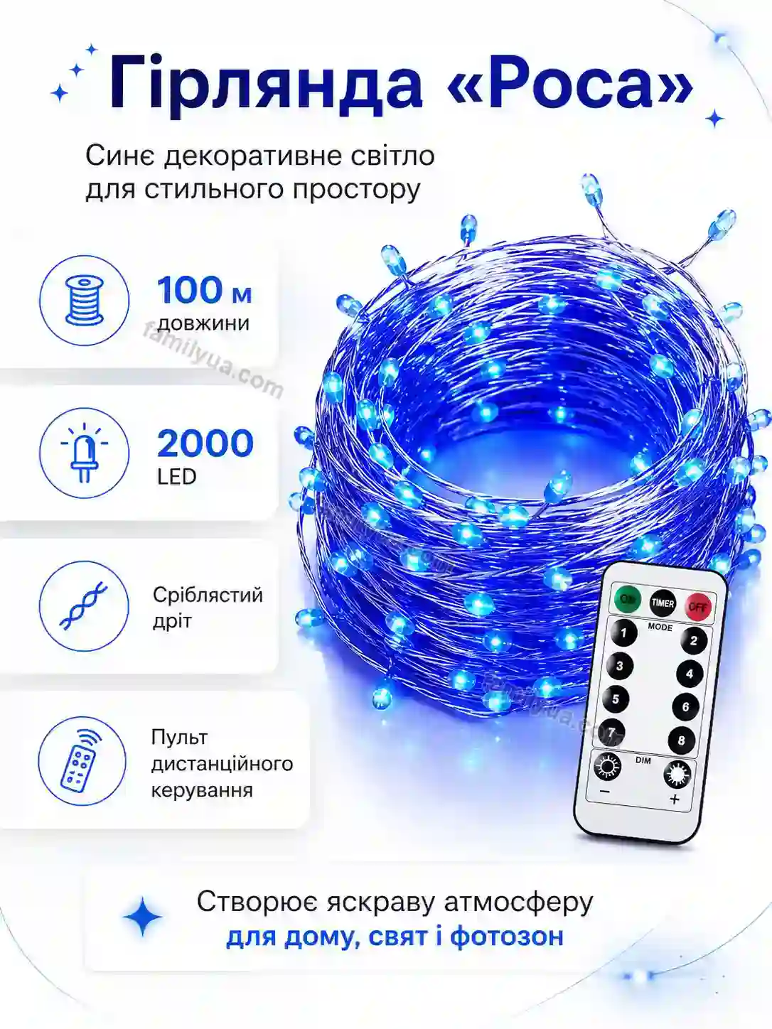 ✨ Гірлянда роса синя, срібляста проволока, 100 м, 2000 діодів Nuvia Care Calm