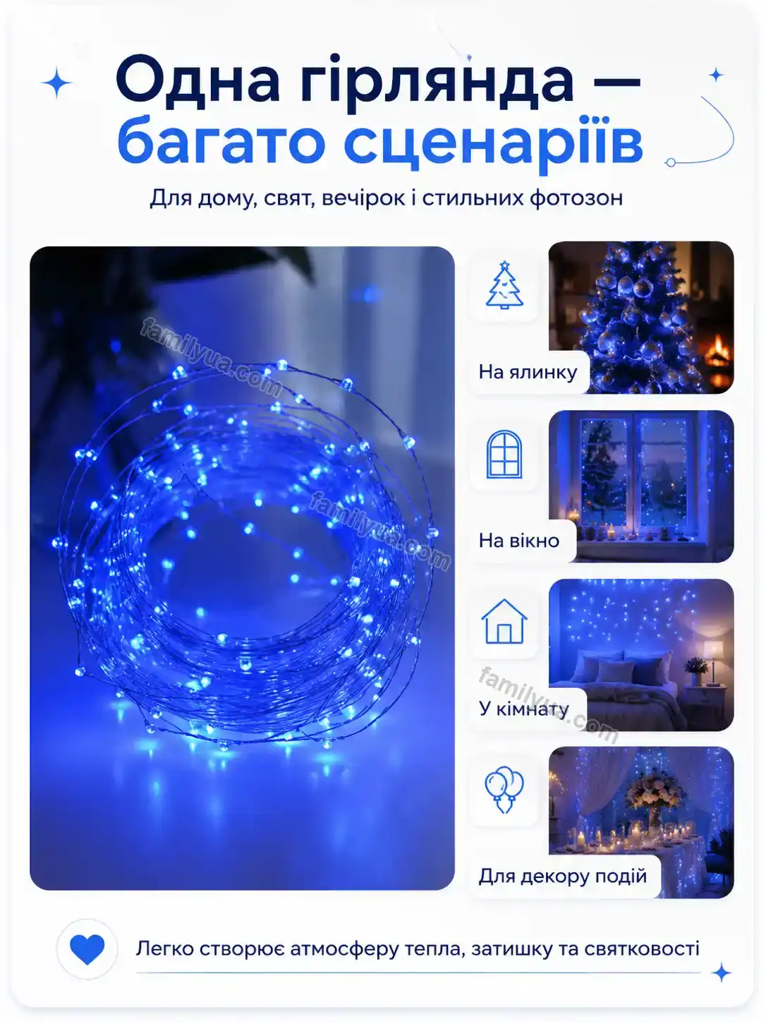✨ Гірлянда роса синя, срібляста проволока, 100 м, 2000 діодів Laska Care Calm - фото