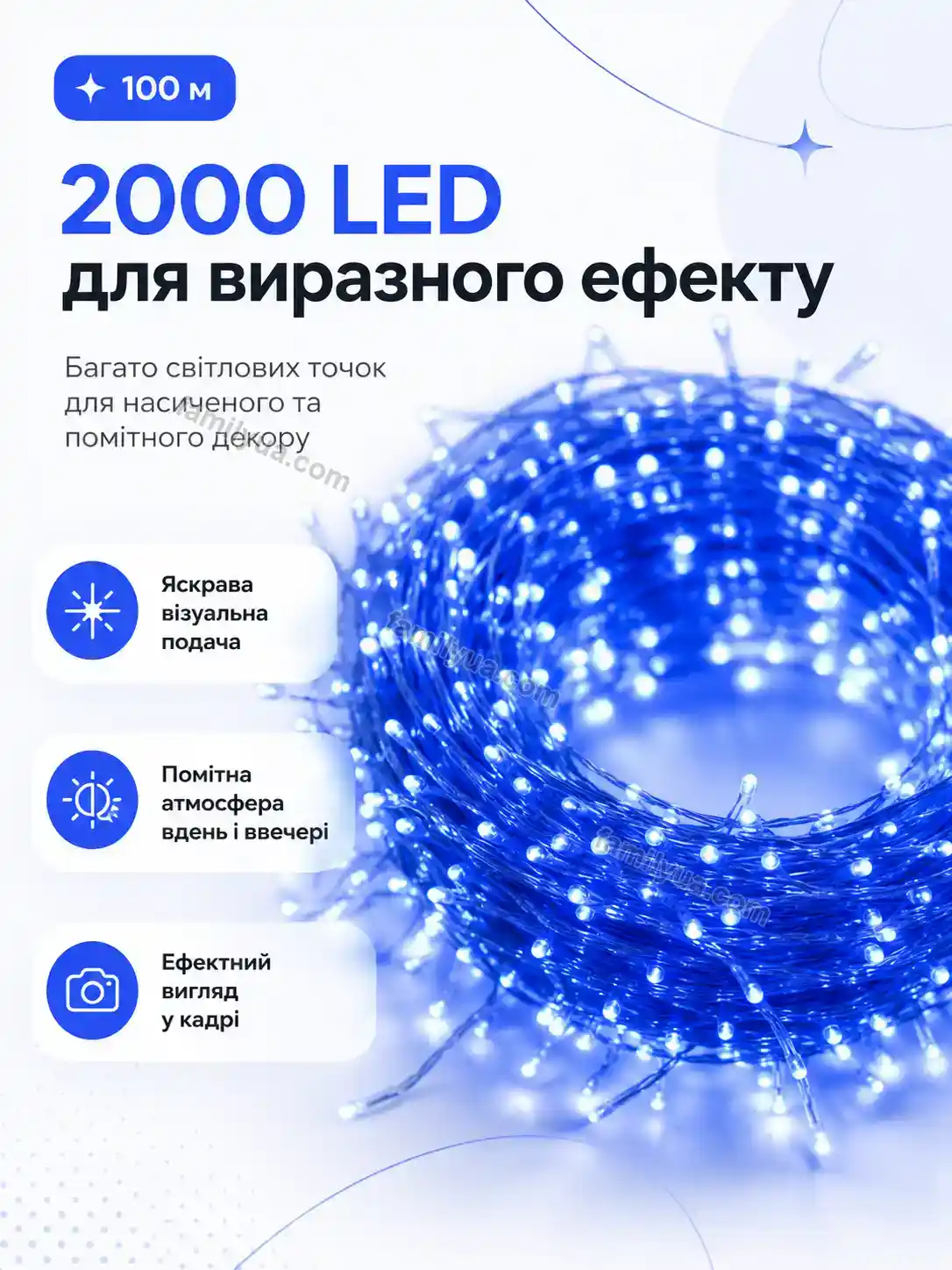 ✨ Гірлянда роса синя, срібляста проволока, 100 м, 2000 діодів Laska Care Calm - фото