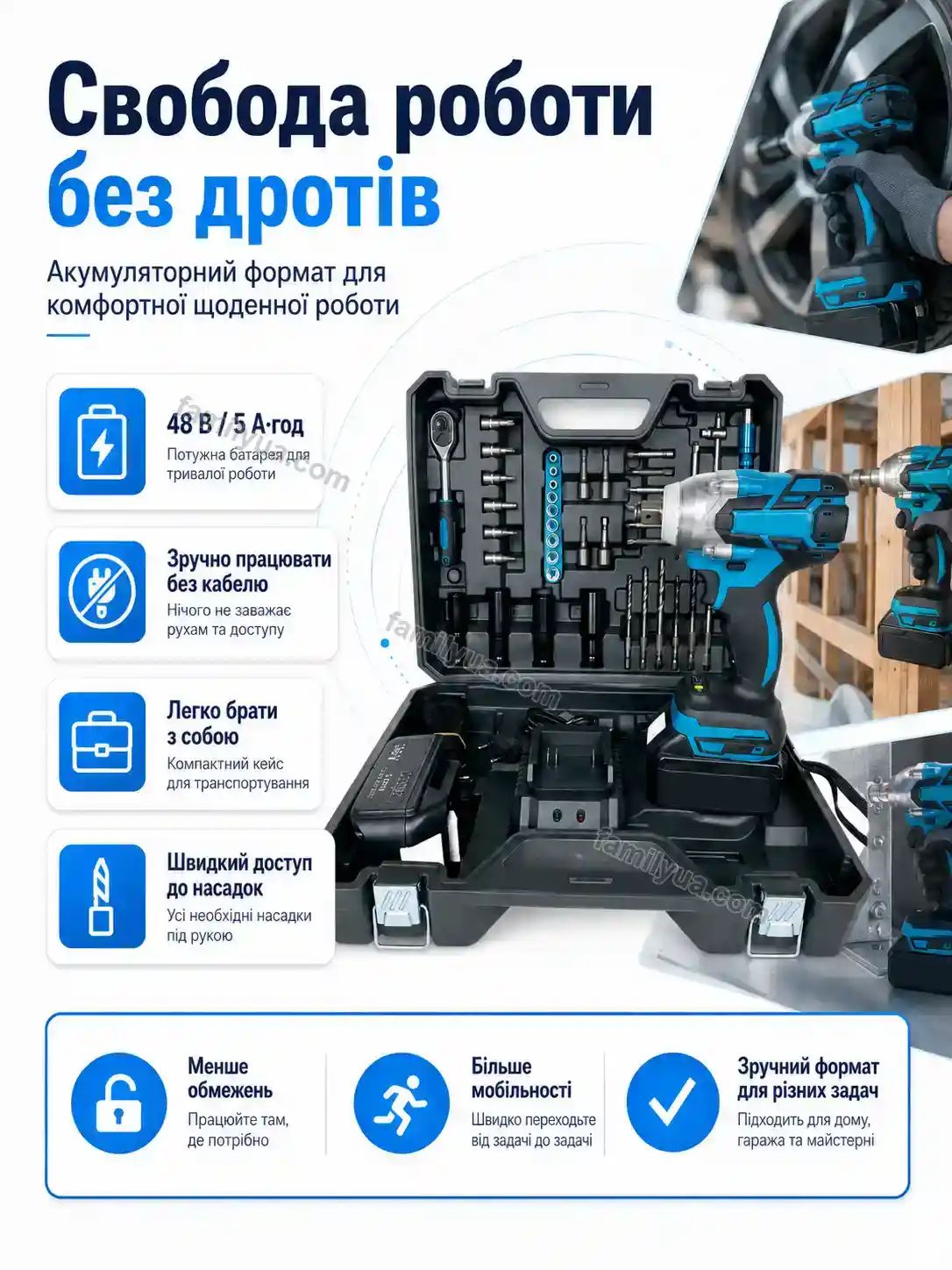 🔋 Акумуляторний гайковерт з тріскачкою, головками та насадками Tysa Plus Calm - використання